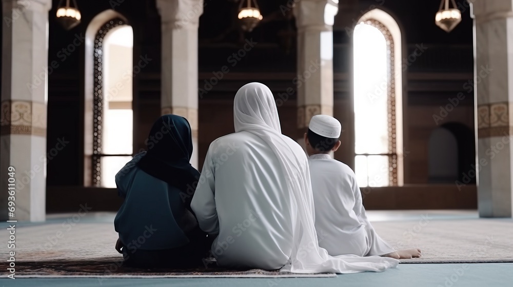 Group, muslim family praying in mosque to god, islamic traditional arabic religion. AI generated. Group, muslim family praying in mosque to god, islamic traditional arabic religion. AI generated.