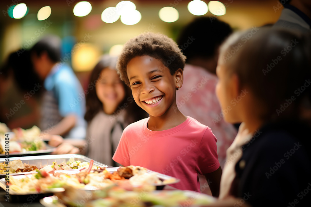 Fototapeta premium Happy child girl and other kids at buffet of cafeteria in elementary school or hotel