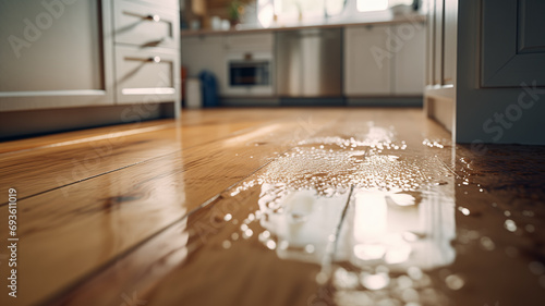 Flooded floor in kitchen from water leak. Damage , Property insurance concept photo