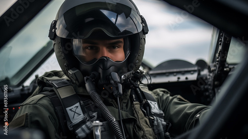 View from cockpit of fighter pilot leads air boat with enemy, sunlight