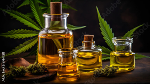 Cannabis CBD oil extracts in jars herb and leaves. Concept medical marijuana in flask