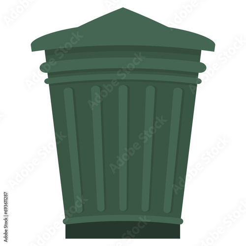 Green outdoor round trash can with lid. Garbage collection and recycling. Maintaining cleanliness. Waste container. Cartoon flat style. Isolated on white background.
