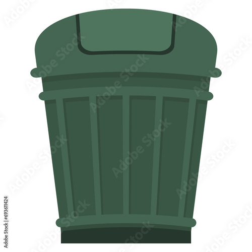 Green outdoor or indoor round trash can with lid. Garbage collection and recycling. Maintaining cleanliness. Cartoon flat style. Waste container. Isolated on white background.