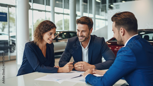 A couple buys a new car by signing a purchase agreement at a car dealership