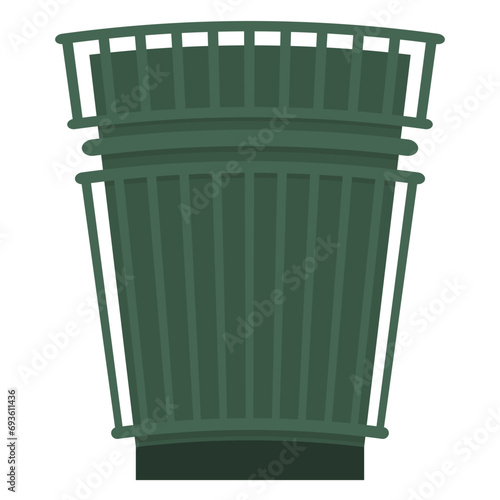 Green outdoor round trash can without lid. Garbage collection and recycling. Maintaining cleanliness. Waste container. Cartoon flat style. Isolated on white background.