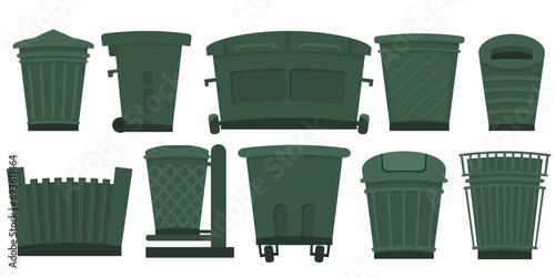 Green outdoor or indoor trash cans. Garbage collection and recycling. Maintaining cleanliness. Home, park and street waste containers set. Cartoon flat style. Isolated on white background.