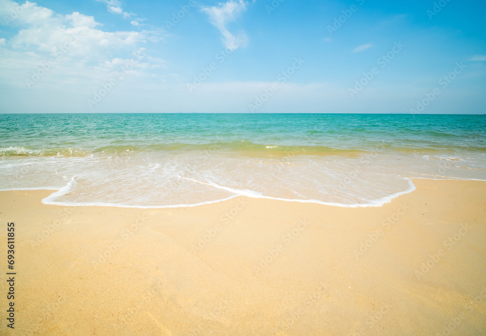 Beautiful horizon Landscape summer panorama front view point tropical sea beach white sand clean and blue sky background calm Nature ocean Beautiful  wave water travel at Sai Kaew Beach thailand - obrazy, fototapety, plakaty 