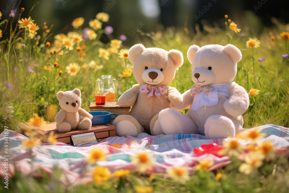 Fototapeta premium Cute teddy bears sitting on picnic outdoor. Generative AI