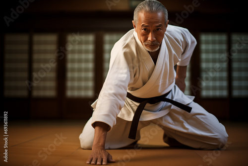 Mature karate master in training room. Generative AI