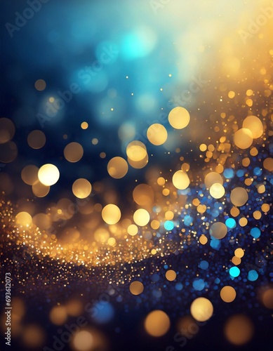 De-focused background of abstract glitter lights. Blue, gold, and black.