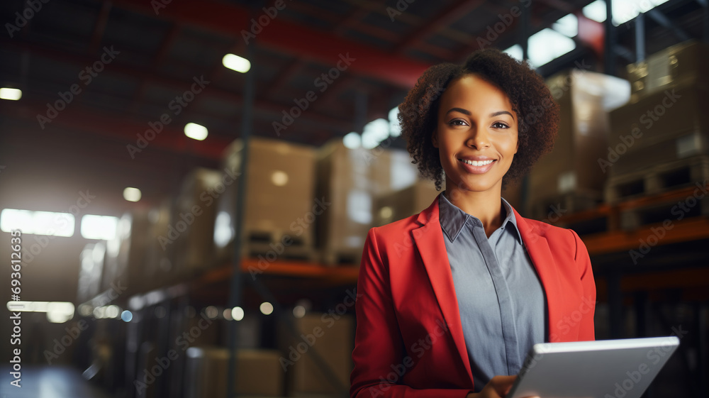 Portrait of woman factory owner or manager in business suit use tablet computer for control results of his company on background warehouse. Banner industrial plant process, sunlight - obrazy, fototapety, plakaty 