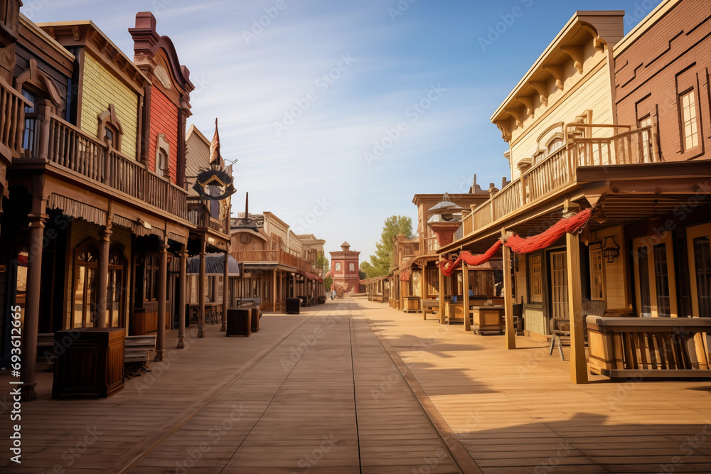 Old western town street with elegant buildings on square. Generative AI