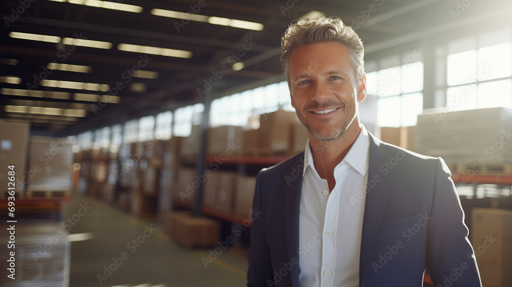 Portrait of man factory owner or manager in business suit on background warehouse. Banner industrial plant process, sunlight - obrazy, fototapety, plakaty 