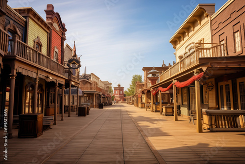 Old western town street with elegant buildings on square. Generative AI