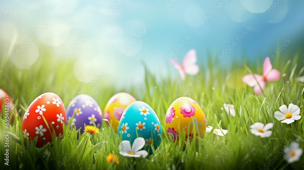 Spring Meadow with Easter Bunny and Decorated Eggs Spring Meadow with Easter Bunny and Decorated Eggs