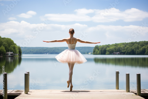 Back view of graceful ballerina dancer on bridge nearly river. Generative AI
