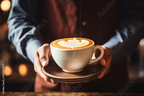 Barista serving cup of coffee in hands, crop view. Generative AI