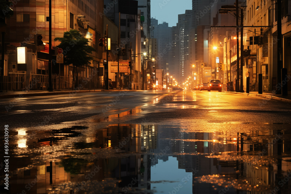 Rainy cozy European downtown street at night. Generative AI