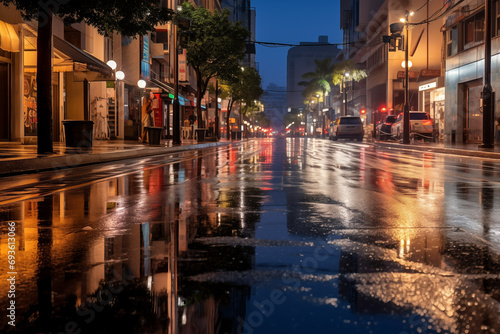 Rainy cozy European street at night. Generative AI