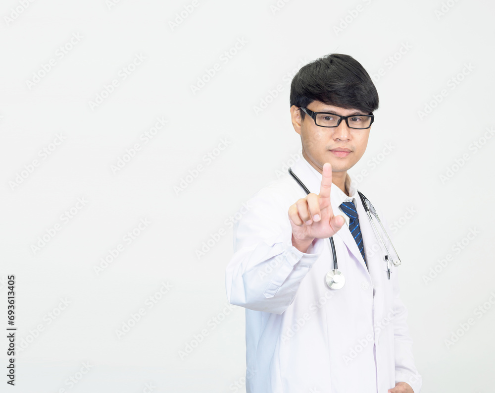 Portrait young man asian student scientist or doctor one person, wearing white gown standing, looking and smiling stethoscope auscultating the heart around his necktie. in lab room white background Portrait young man asian student scientist or doctor one person, wearing white gown standing, looking and smiling stethoscope auscultating the heart around his necktie. in lab room white background