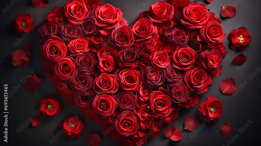 Heart shape made of red roses on dark background.
Valentine's day card. Valentine's day. Love concept.

 - obrazy, fototapety, plakaty 