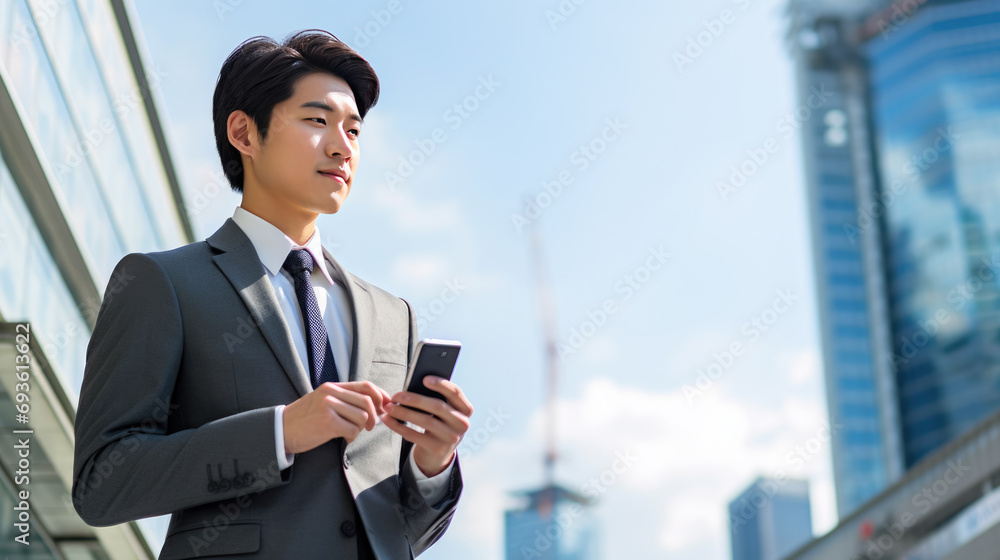 Woman is looking at his smartphone, standing on an urban sidewalk with buildings in the background. Woman is looking at his smartphone, standing on an urban sidewalk with buildings in the background.