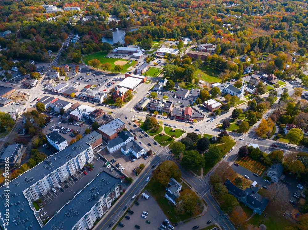 Walpole historic town center aerial view including Old Town Hall and Town Common, Walpole, Massachusetts MA, USA. 