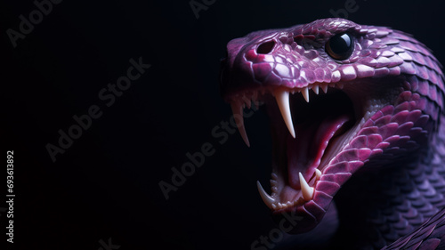 Purple snake open mouth ready to attack isolated on gray background photo
