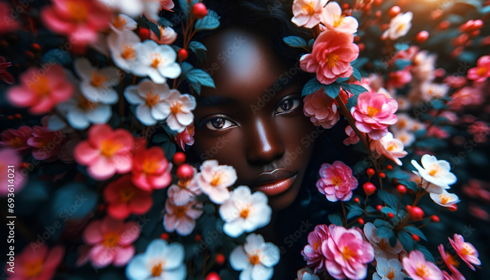 A view of a young Black woman partially hidden behind bright, blossoming flowers, her eyes gazing directly at the camera. 