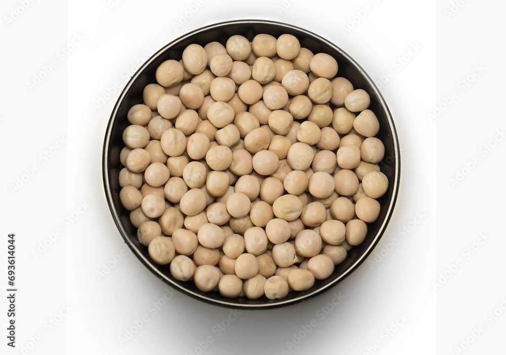 freshly harvested domestic soybeans (white peas) in white background and black bowl top view freshly harvested domestic soybeans (white peas) in white background and black bowl top view