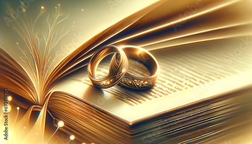 An illustration of a closeup view of golden wedding rings placed on top of an open book, with a blurred background. photo