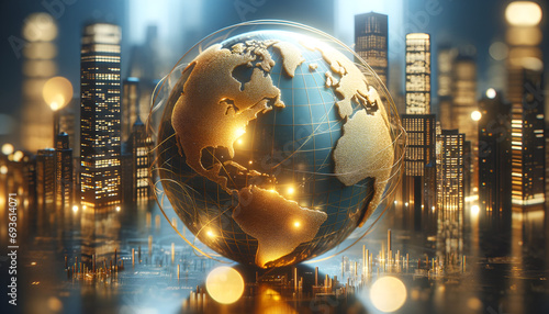 An illustration of a gold globe symbolizing the earth finance concept and global business  with forex charts in the background. 