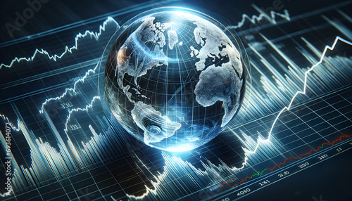 An illustration of a crystal Earth globe on a stock market graph, representing the global economy concept. 