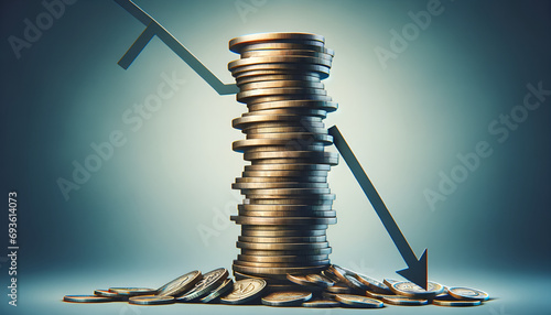 An illustration of coins stacked on top of each other, teetering and beginning to fall off, symbolizing the fall of the economy.