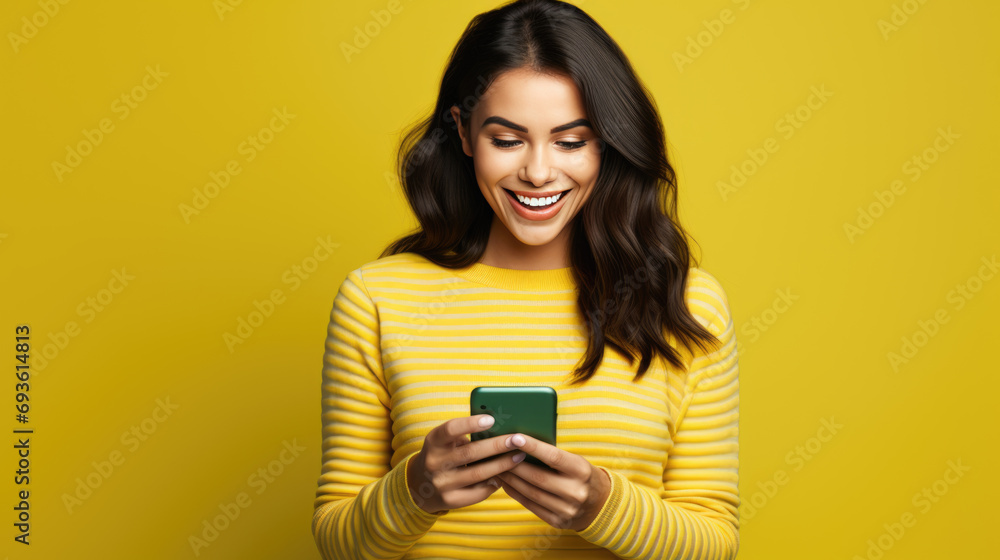 Fototapeta premium Young woman smiling and holding her smartphone on a colored background