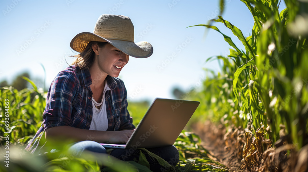 Woman in a hat working on a laptop while sitting in a cornfield