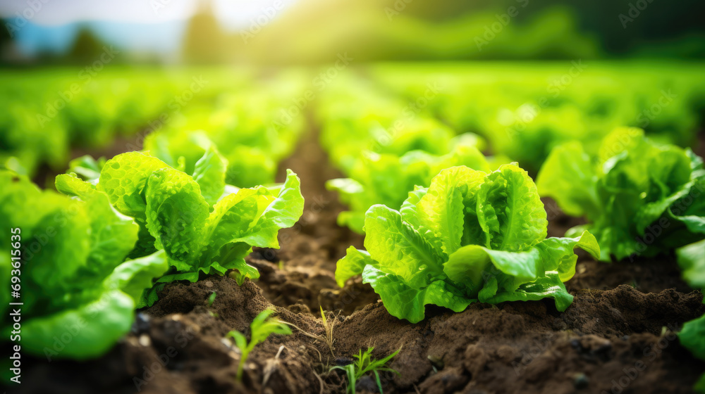 Rows of lush green lettuce growing in rich soil on a farm, with sunlight highlighting the fresh leaves. Rows of lush green lettuce growing in rich soil on a farm, with sunlight highlighting the fresh leaves.