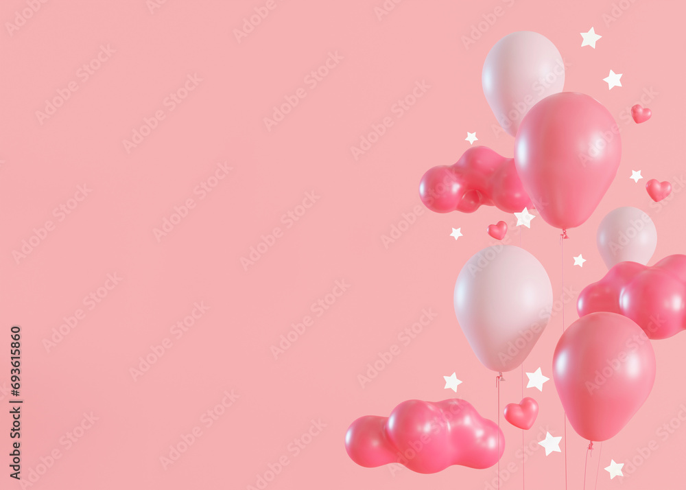 Pink background with helium balloons, clouds, glowing stars and copy space. Valentine's Day, Woman's, Mother's Day backdrop. Empty space for text. Postcard, greeting card design. Love. 3D.