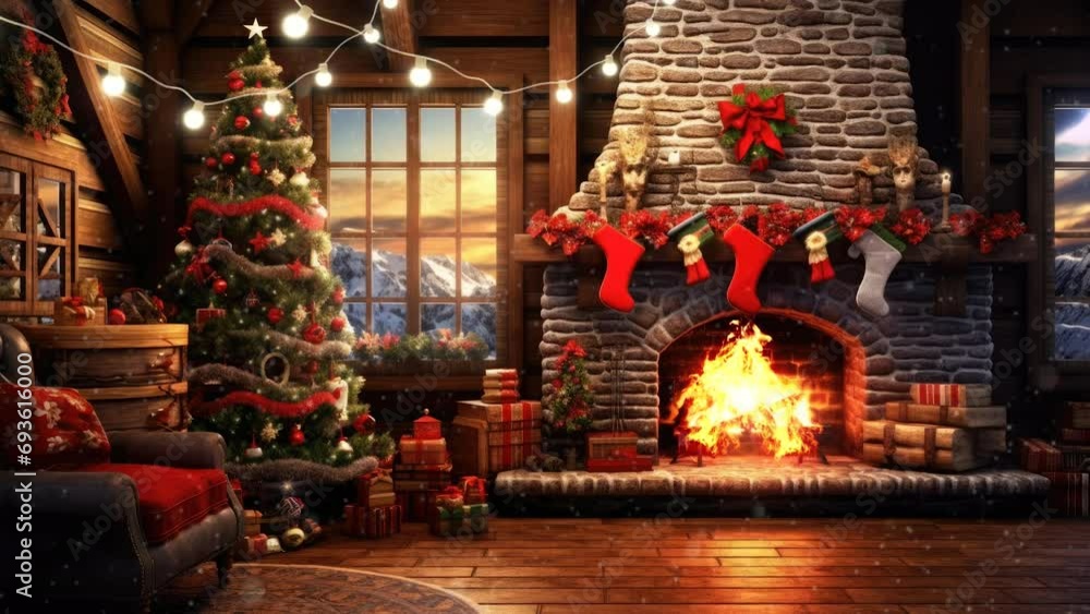 fireplace with christmas decorations. seamless looping time-lapse virtual video animation background.