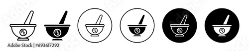 RX icon. Medicine drugs or herbs to take with medical prescription sign logo. chemistry classic mortar bowl to grind drug for health treatment symbol. Rx pharmacy medication remedy pestle vector.