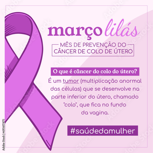 Banner in portuguese for composition Lilac March prevention brazil - Campanha Março Lilás Marco Lilas Cancer útero