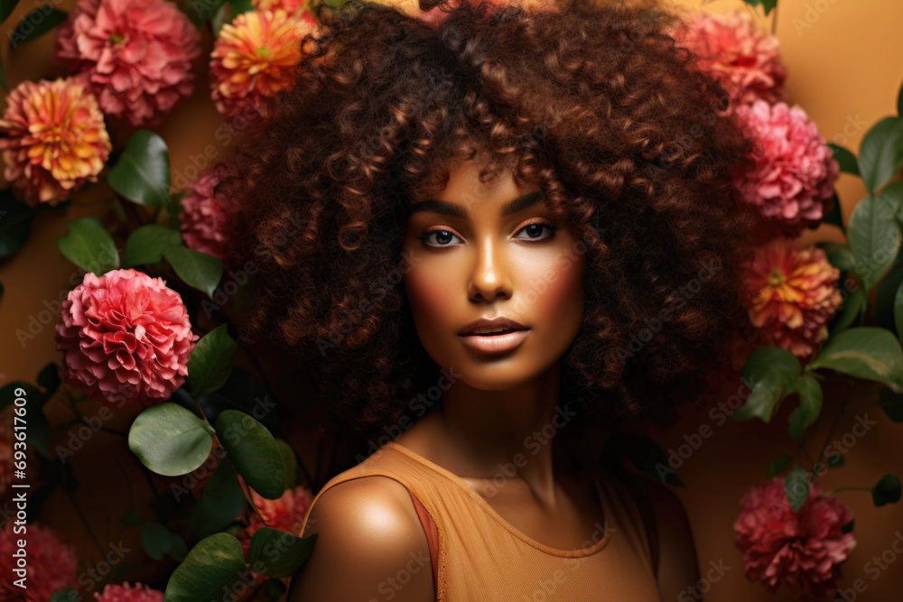 Portrait of a pretty African American woman with makeup with fierce curly hair against a background of flowers.
