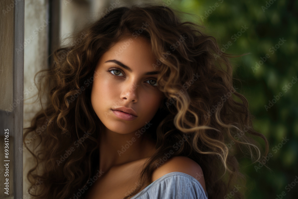 Close-up portrait of a pretty brown girl with makeup and curly long hair against nature.