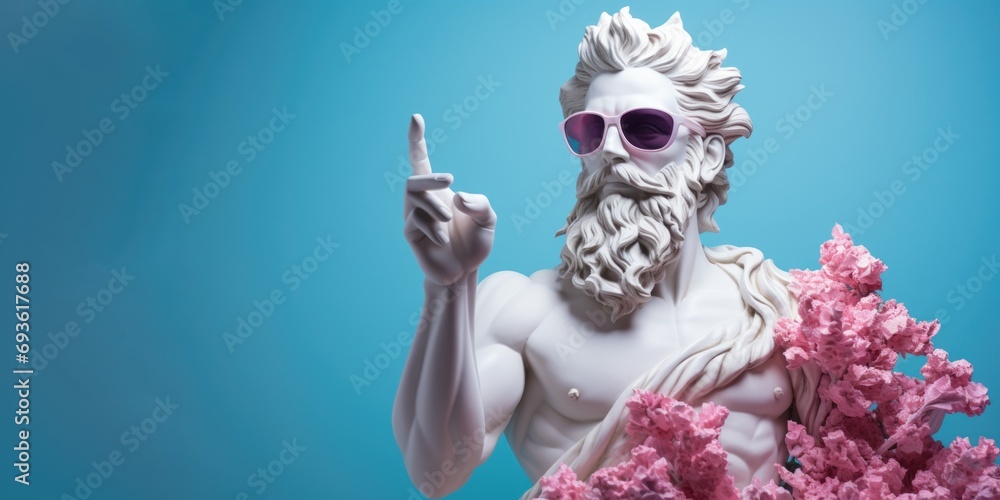 Fototapeta premium White sculpture of Poseidon wearing fancy sunglasses with pink flowers with his index finger raised up on a blue background.