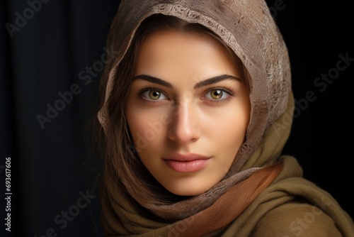 Close-up portrait of a Muslim woman in hijab against a dark background.