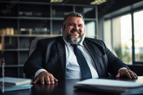 Portrait of an oversized fifty year old male manager in a blue business suit behind a desk in an office.
