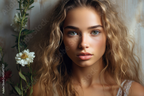 Close-up portrait of a sexy blonde with long curly hair next to flowers.