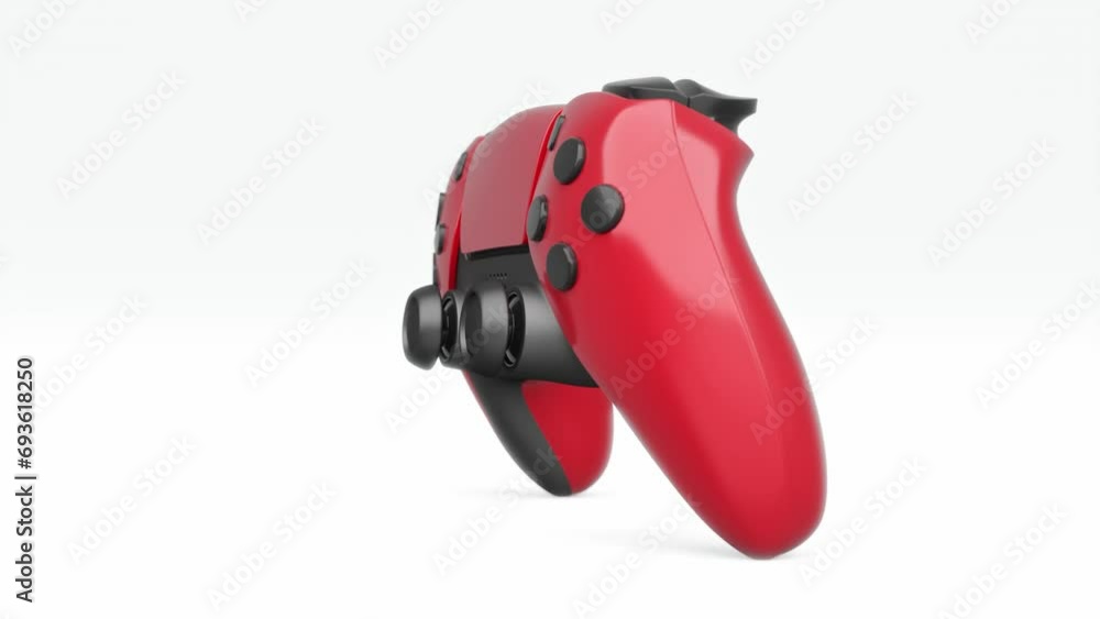 Realistic black video game joysticks or gamepads rotating on white background. 3D render of streaming gear for cloud gaming and gamer workspace concept Realistic black video game joysticks or gamepads rotating on white background. 3D render of streaming gear for cloud gaming and gamer workspace concept