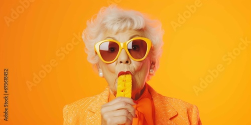Ralistic miling grandma kissing a wooden spatula in front of an orange studio background. Fancy 80s style, neon color clothes, professional advert photo