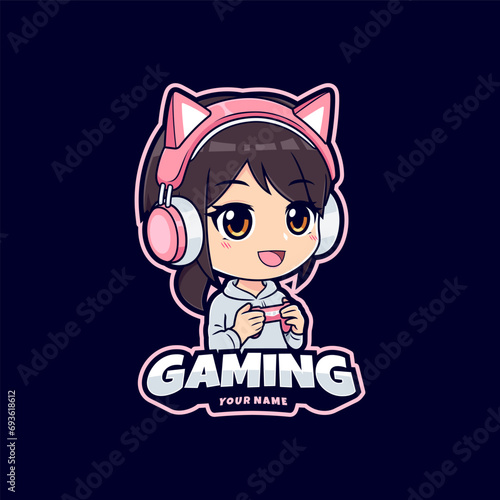 Cute chibi gamer girl esport mascot logo